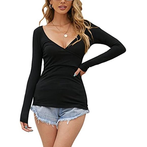 Zanzea Long Sleeve Black Mock Wrap Knit Top Sz 4- NWT‎ - Picture 1 of 6